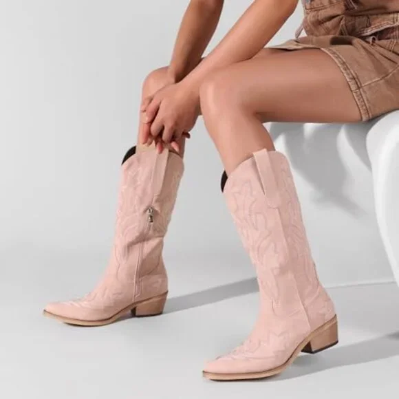 Women's PU Leather Boots Chunky Heel Pointed Toe Wide Calf Pull-On - Picture 4 of 8